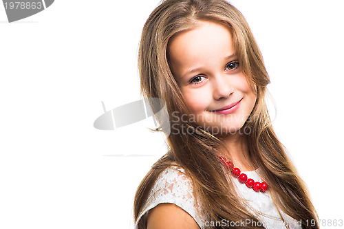 Image of beautiful girl with red beads on isolated white