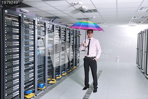 Image of businessman hold umbrella in server room