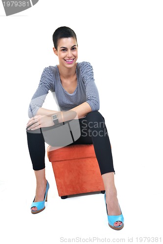 Image of brunette female  model posing isolated on white background