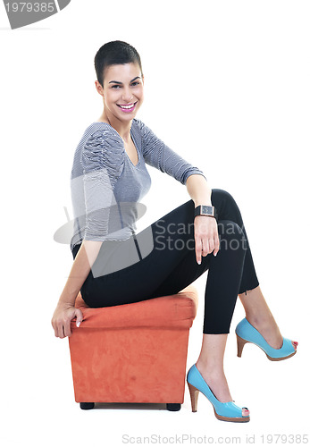 Image of brunette female  model posing isolated on white background