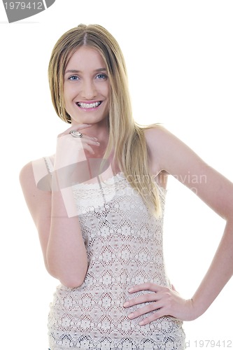 Image of blonde  female  model posing isolated on white background