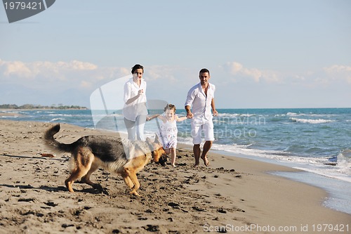 Image of happy family playing with dog on beach