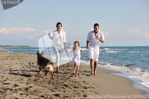 Image of happy family playing with dog on beach