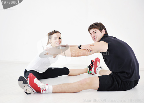 Image of happy young couple fitness workout and fun