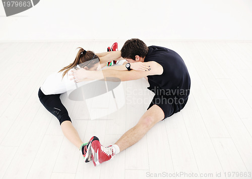 Image of happy young couple fitness workout and fun