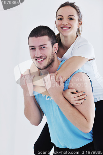 Image of happy young couple fitness workout and fun