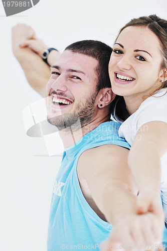 Image of happy young couple fitness workout and fun