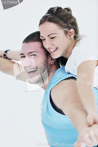 Image of happy young couple fitness workout and fun