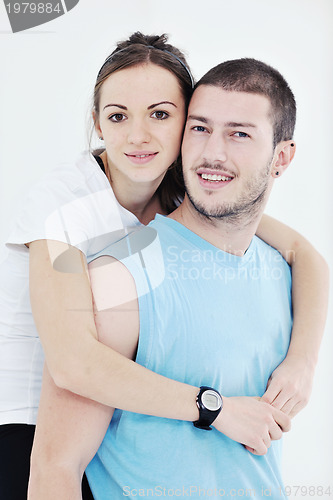 Image of happy young couple fitness workout and fun