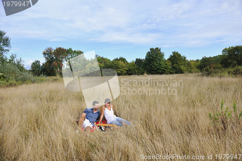 Image of happy couple enjoying countryside picnic in long grass