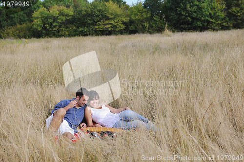 Image of happy couple enjoying countryside picnic in long grass