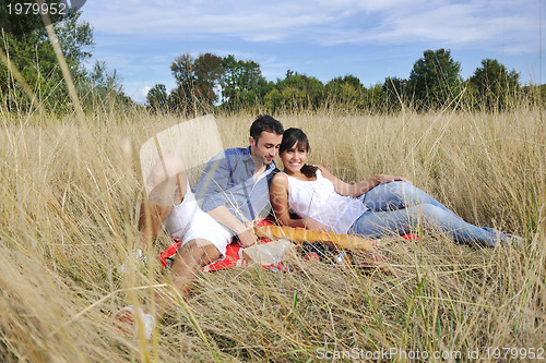 Image of happy couple enjoying countryside picnic in long grass