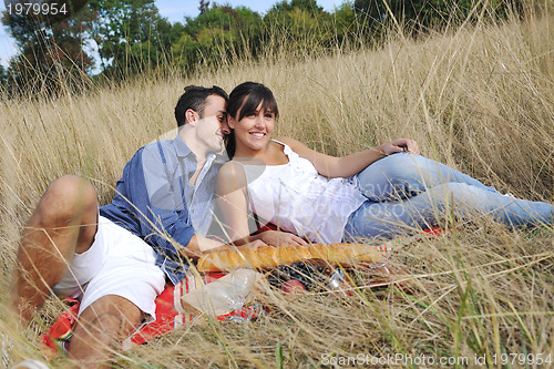 Image of happy couple enjoying countryside picnic in long grass