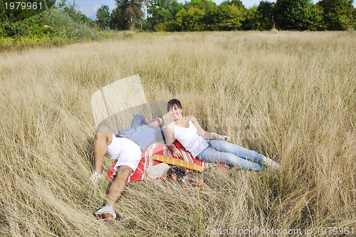 Image of happy couple enjoying countryside picnic in long grass
