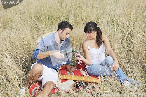 Image of happy couple enjoying countryside picnic in long grass