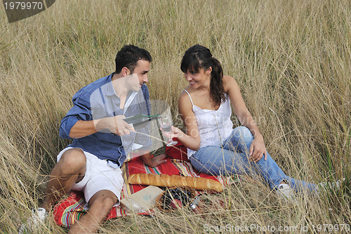 Image of happy couple enjoying countryside picnic in long grass