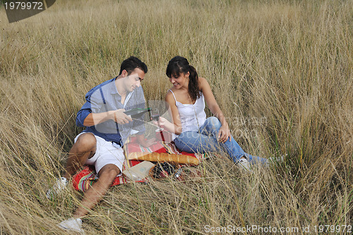Image of happy couple enjoying countryside picnic in long grass