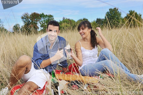 Image of happy couple enjoying countryside picnic in long grass