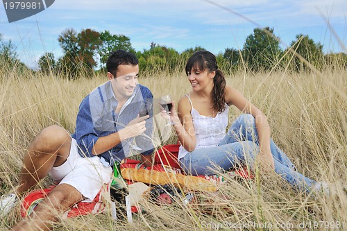 Image of happy couple enjoying countryside picnic in long grass