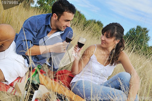 Image of happy couple enjoying countryside picnic in long grass