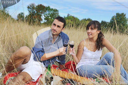 Image of happy couple enjoying countryside picnic in long grass