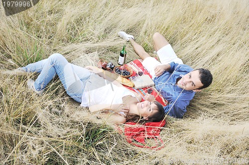 Image of happy couple enjoying countryside picnic in long grass