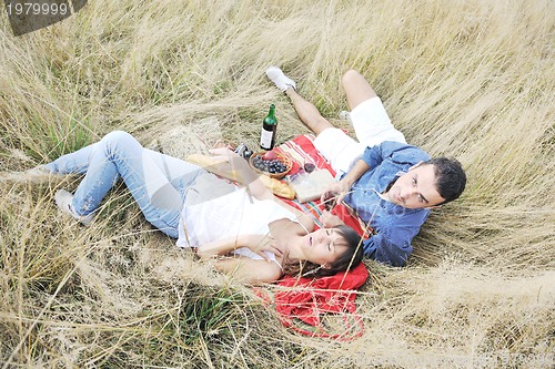 Image of happy couple enjoying countryside picnic in long grass