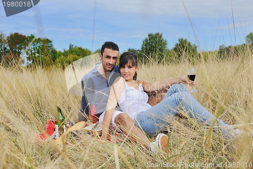 Image of happy couple enjoying countryside picnic in long grass