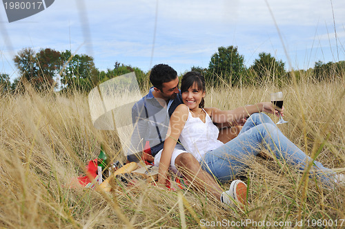 Image of happy couple enjoying countryside picnic in long grass