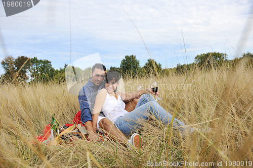 Image of happy couple enjoying countryside picnic in long grass