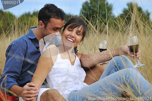 Image of happy couple enjoying countryside picnic in long grass