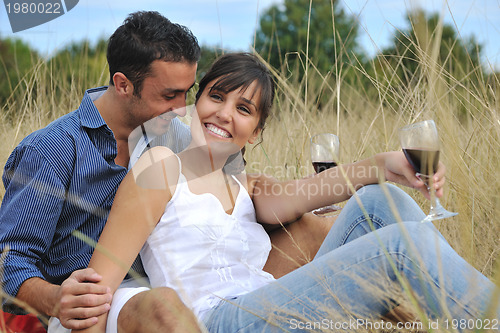 Image of happy couple enjoying countryside picnic in long grass