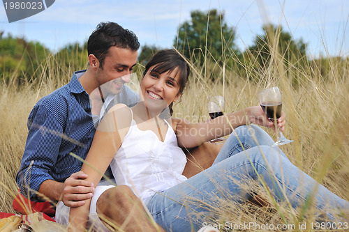 Image of happy couple enjoying countryside picnic in long grass
