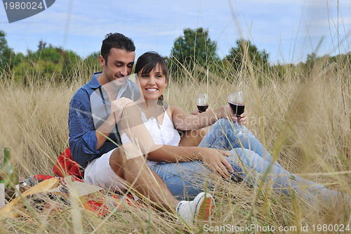 Image of happy couple enjoying countryside picnic in long grass