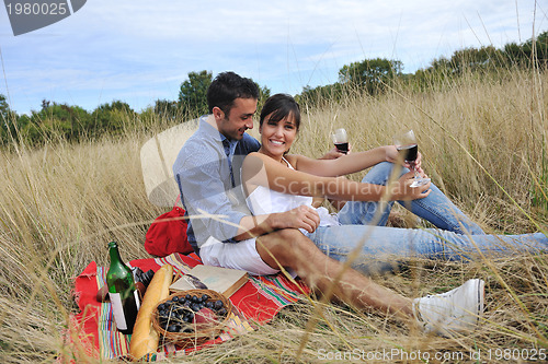 Image of happy couple enjoying countryside picnic in long grass