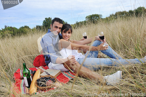 Image of happy couple enjoying countryside picnic in long grass