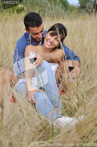 Image of happy couple enjoying countryside picnic in long grass