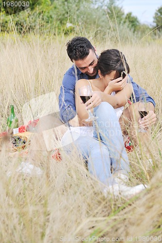 Image of happy couple enjoying countryside picnic in long grass