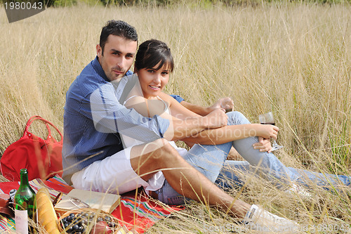 Image of happy couple enjoying countryside picnic in long grass