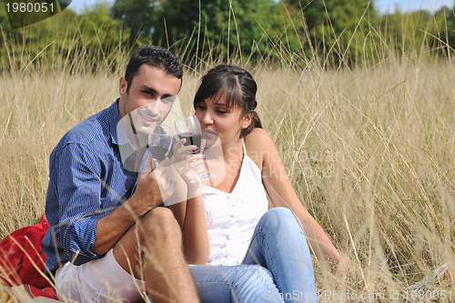 Image of happy couple enjoying countryside picnic in long grass