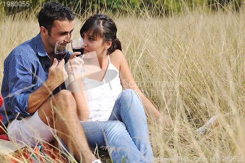 Image of happy couple enjoying countryside picnic in long grass