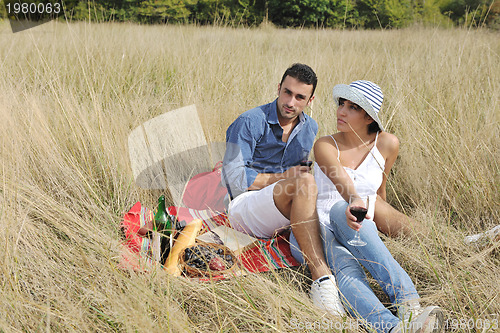 Image of happy couple enjoying countryside picnic in long grass