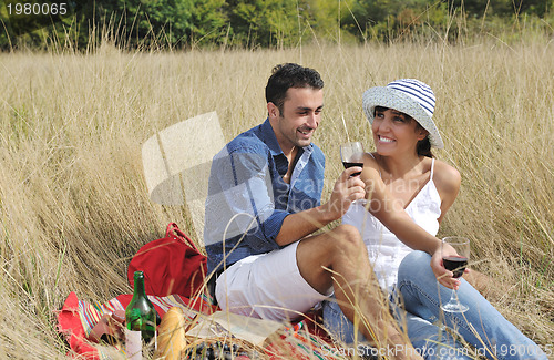 Image of happy couple enjoying countryside picnic in long grass