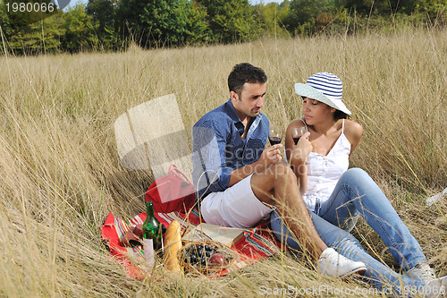 Image of happy couple enjoying countryside picnic in long grass