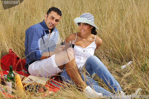 Image of happy couple enjoying countryside picnic in long grass