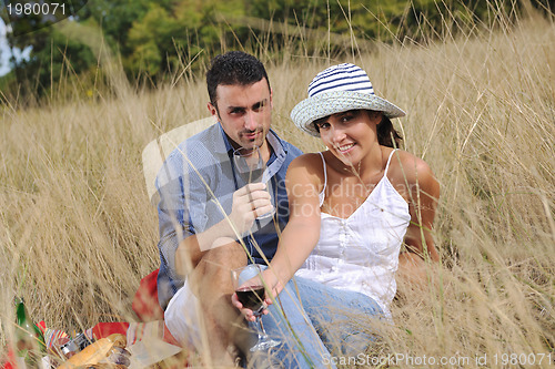 Image of happy couple enjoying countryside picnic in long grass