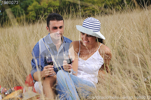 Image of happy couple enjoying countryside picnic in long grass