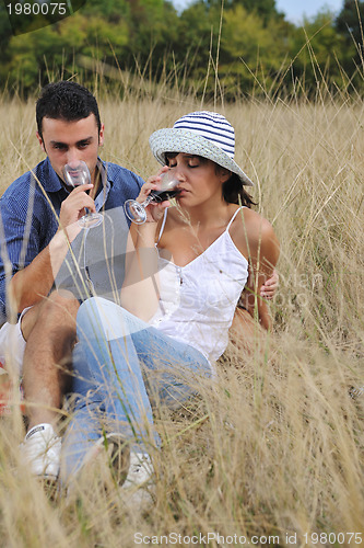 Image of happy couple enjoying countryside picnic in long grass