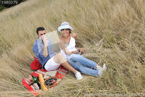 Image of happy couple enjoying countryside picnic in long grass