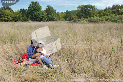 Image of happy couple enjoying countryside picnic in long grass